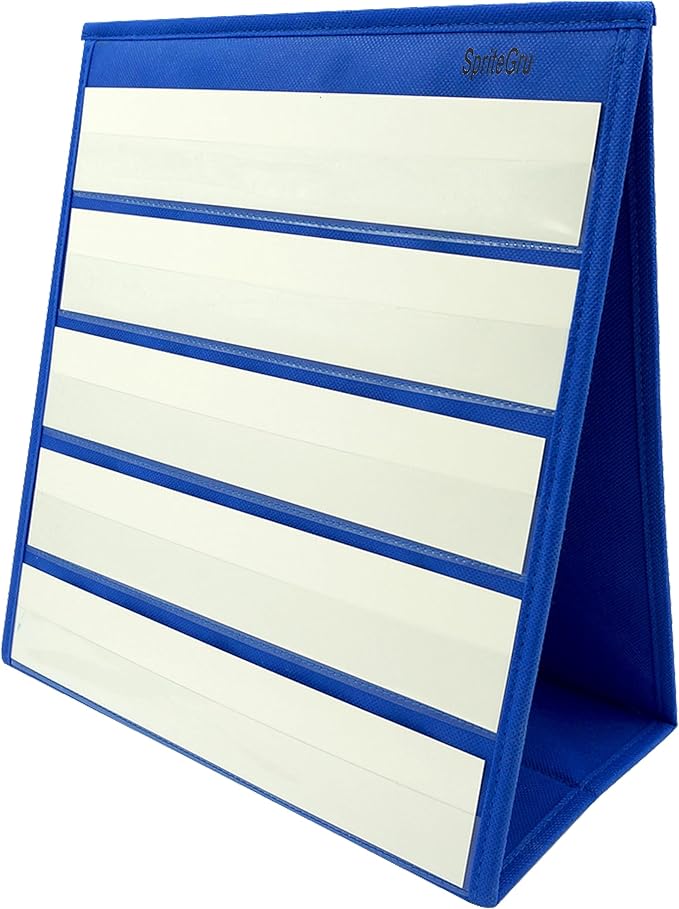 Blue Tabletop Desktop Pocket Chart with Bonus 20X Dry Erase Cards. Double Sided and Self-Standing (13” X 12”)