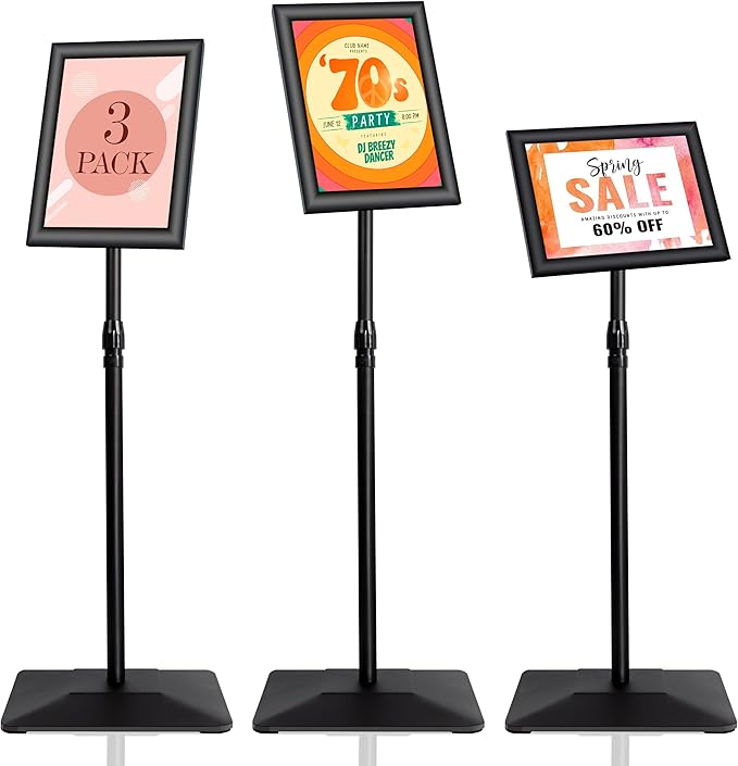 VAIIGO 3 Packs Heavy Duty Pedestal Poster Sign Stand, 8.5"x11" Adjustable Floor Standing Sign Holder with 6.6Lbs Solid Steel Base for Vertical and Horizontal View Sign Displayed Stands, Black