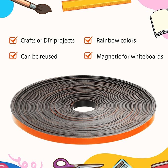 AmazingSpark Magnetic Tape Roll Thin Strips, 0.39 Inch x 66 Feet Magnetic Board Dividers Whiteboard Graphic Decorative Tape Marking Line for Classroom Office Art Accessories(Orange)
