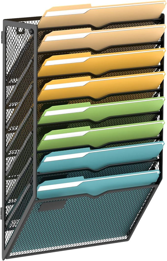 SUPEASY Wall File Organizer Mesh Office Mail Holder, Hanging Wall Organizer Magazine Rack for Office Black, 8 Tier
