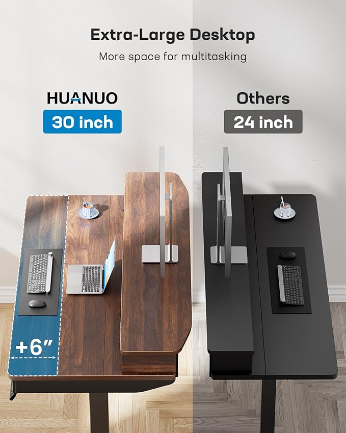 HUANUO 55 x 30 inch Electric Standing Desk with Wood Drawers, Adjustable Height Sit Stand Home Office Desk with Two Tiers, Ergonomic Adjustable Stand up Desk C-Clamp Monitor Mount Compatible, Walnut