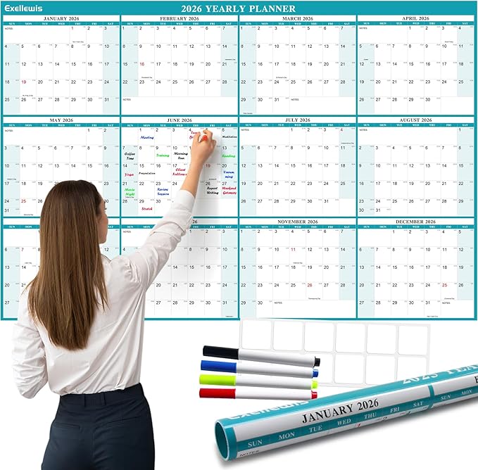 32" x 48" Exellewis 2026 Wall Calendar Erasable, Wet & Dry Erase Large Laminated Annual Yearly Planner - 12 Month Horizontal/Vertical Calendar January to December for Easy Planning, Organizing