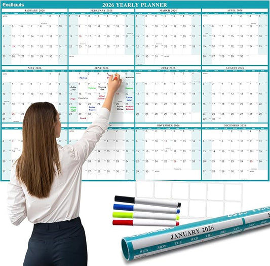 32" x 48" Exellewis 2026 Wall Calendar Erasable, Wet & Dry Erase Large Laminated Annual Yearly Planner - 12 Month Horizontal/Vertical Calendar January to December for Easy Planning, Organizing