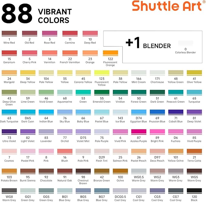 Shuttle Art 89 Colors Alcohol Markers, 88 Colors Dual Tip Art Marker Set Plus 1 Colorless Blender with Marker Case Perfect for Illustration Students Adult Coloring Sketching