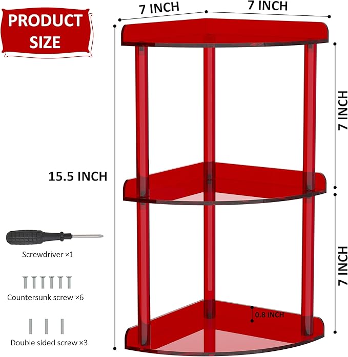 Sezanrpt 3 Tier Countertop Corner Organizer Shelf 7x7x15.7 Inch, Red Countertop Acrylic Bathroom Corner Shelf, Vanity Storage Organizer for Cosmetics, Toiletries