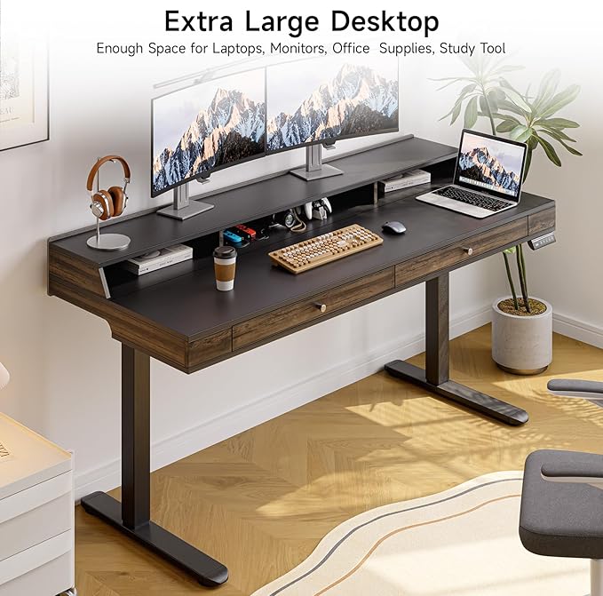 ONBRILL Standing Desk with Drawers, 55x23.6 Inch Electric Stand Up Desk with Storage Shelf and Memory Controller, Sit Stand Desk Adjustable Height from 28-46 Inches for Computer Workstation, Black