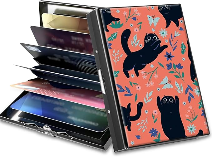 BWEGRHE Slim Credit Card Holder, Black Cat Flowers RFID Blocking Metal Wallet for Men & Women, Aluminum Minimalist Hard Case Pocket-Sized Business Cards Organizer (Fits Up to 10 Cards)