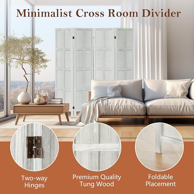 Leesinwing Wood Room Divider 4 Panel Folding Privacy Screen, Classic 5.6Ft Indoor Wooden Partition, Portable Partition Wall Divider for Room Separation, Home, Office, Bedroom, Restaurant (White)