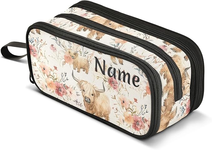 BOENLE Custom Cute Highland Cows Flowers Pencil Case Box Boys Girls Personalized Name Large Pencil Pouch Stationery Pen Bag Organizer for Kids Adults School Office