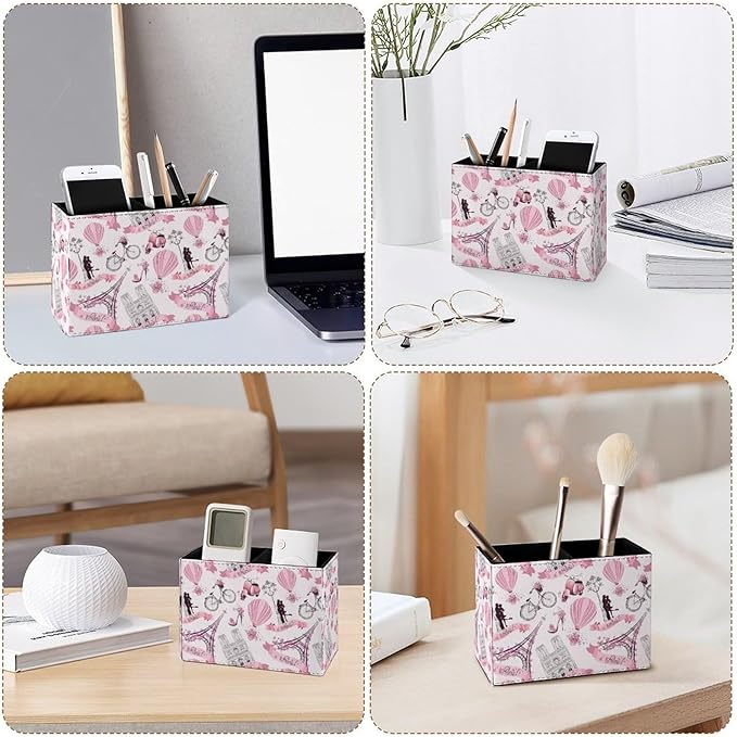 Famame Romantic Paris Eiffel Tower Pencil Holder for Desk, Leather Desktop Container Pen Cup Storage Study Table Pen Organizer Makeup Brushes Holder for Office Home