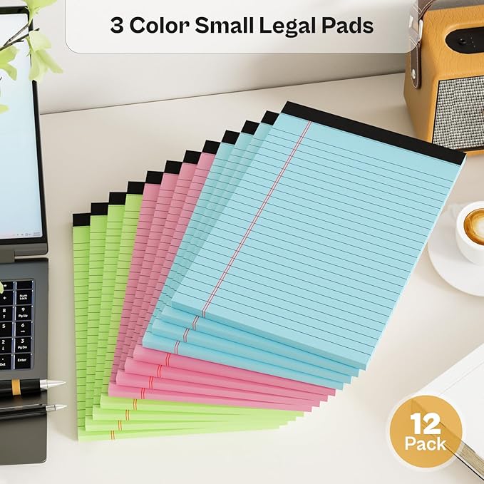 Nichela Legal Pads 5x8 12 Pack Note Pads College Ruled Notepad Pink/Green/Blue Perforated Small Legal Pads 80GSM Notepads 30 Sheets Writing Pads Line Paper Pad for School, College, Office, Business