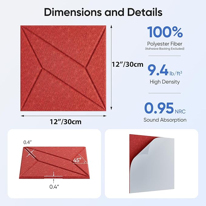 UNECHO 12 Pack 12" X 12" X 0.4" Acoustic Panels for Wall Sound Absorbing, P-Stripes Square Self-Adhesive Sound Panel, High Density Suitable for Multiple Scenarios(Cherry Red)