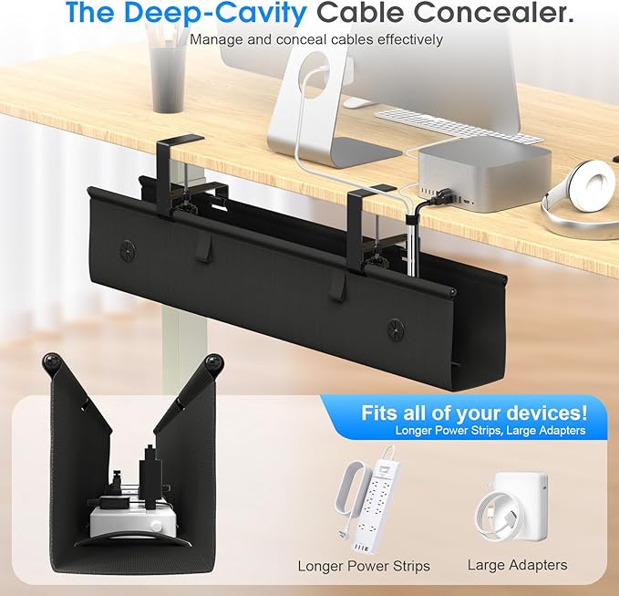 KIGJU Under Desk Cable Management Tray, 30-inch No-Drill Cord Organizer with Anti-Sag Reinforced Base, Fabric Wire Management Hider for Standing Desk, Office & Gaming Accessories - Black
