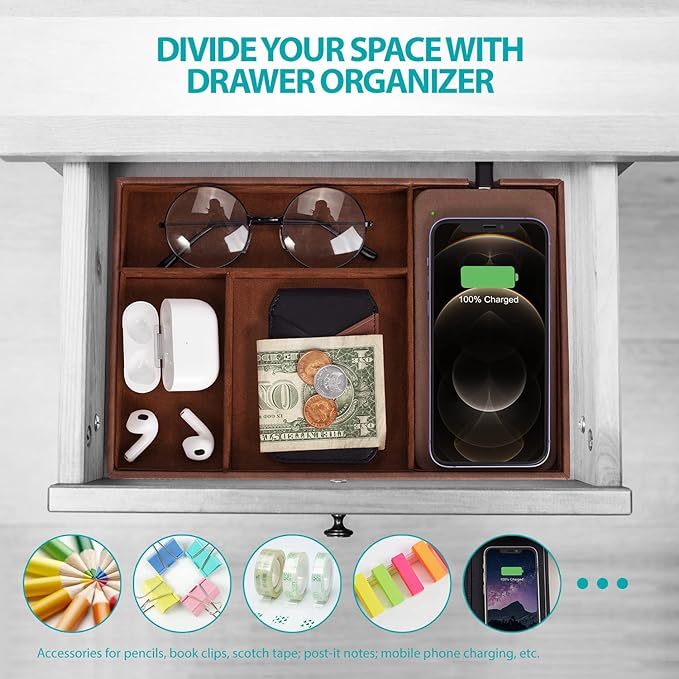 Valet Tray, Built in Wireless Charging Pad, Nightstand Organizer, Dresser Organizer, Mens Jewelry Box, Valet Charging Station, Faux Leather Valet Tray for Men and Women, Brown