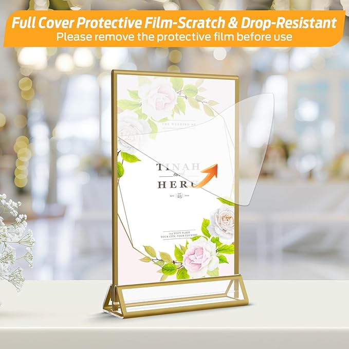 Smarpau 4x6 Gold Acrylic Sign Holder Table Number Holders 8 Pack Vertical Double Sided Clear Picture Frames for Wedding Flyer Display Stands Table Menu Holders