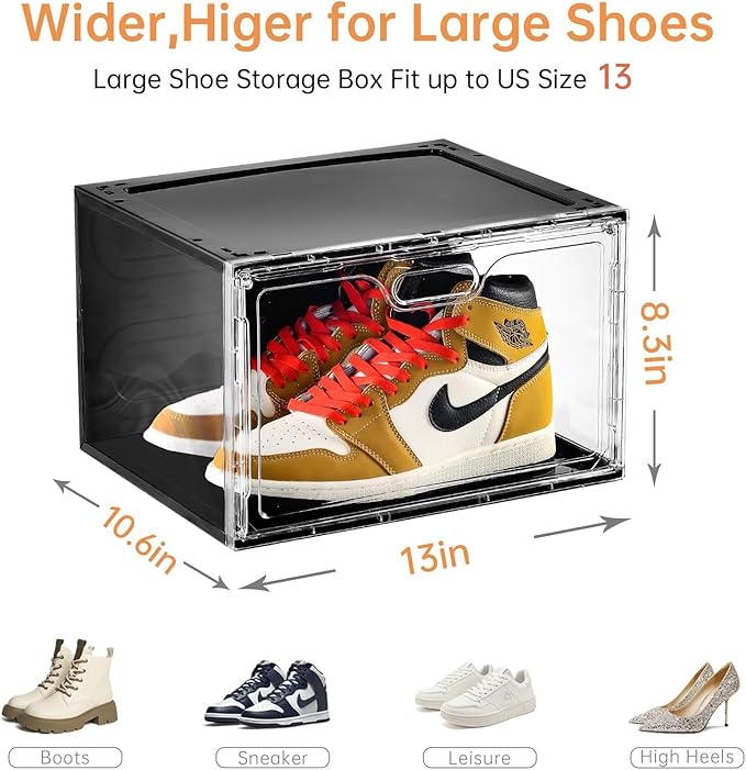 Amllas New 8 Pack Shoe Boxes Stackable, Large Shoe Storage Organizer with Lids,Drop Side Shoe Containers for Entryway,Sneaker Storage Fit up to US Size 13 for Men/Women(13’’x 10.6”x 8.3”)