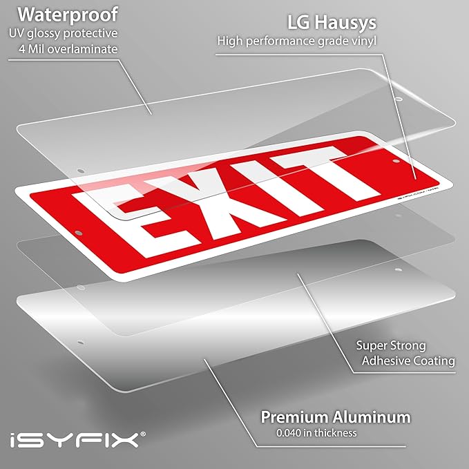 iSYFIX Exit Sign – 12 Pack 12x4 Inch – 100% Rust Free .040 Aluminum Signs, Laminated for Ultimate UV, Weather, Scratch, Water and Fade Resistance, Indoor and Outdoor, Exit Signs for Exterior.