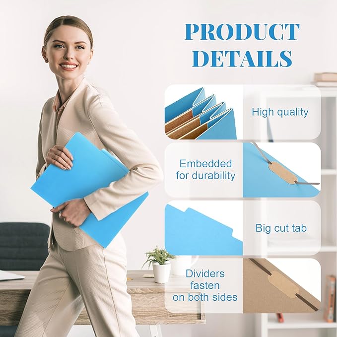12 Pcs Classification Folders Letter Size 3 Pocket Dividers Employee File Folder with 2 Prongs Fasteners, 2 in Expansion Heavy Duty Pressboard File Holder for School Office Medical Document(Blue)
