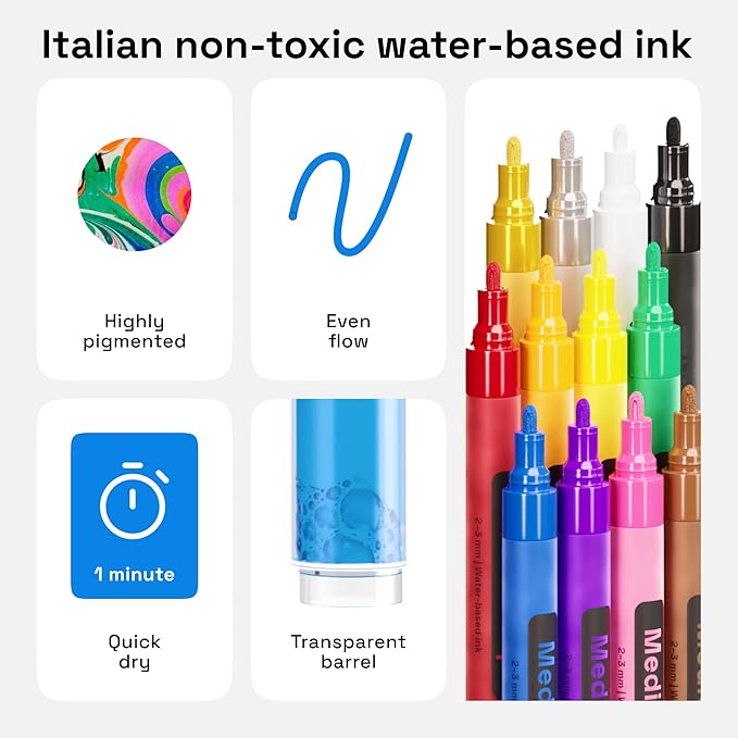 ARTISTRO 12 Regular Paint Pens for Glass Marking, Rock Painting, Ceramic, Wood, Fabric, Scrapbooking, DIY Craft Making, Coloring - Acrylic Paint Markers Medium Tip 3mm