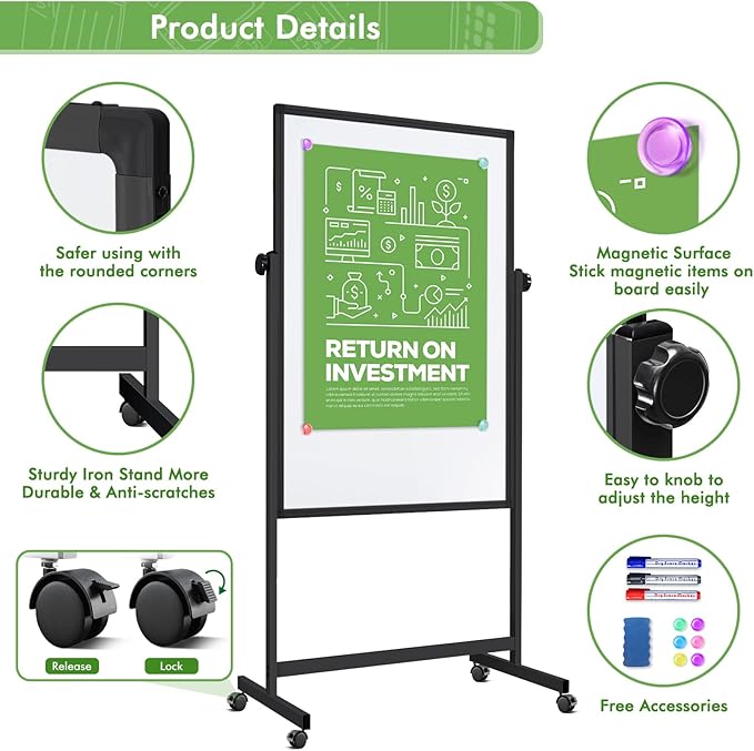 Rolling Whiteboard on Wheels, 32x48 Inches Double-Sided Magnetic Dry Erase Board with Stand, Height Adjustable Mobile White Board Easel for Classroom Home Office Black