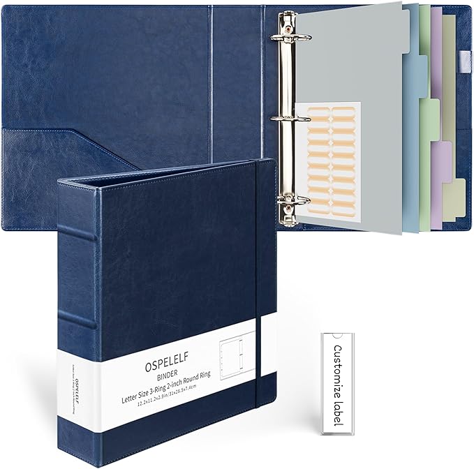 Ospelelf Vintage Hardcover 3 Ring 2 inch Leather Binder, Professional Binders Organizer Suitable for Letter Size Documents, Binder Dividers with Tabs, Dark Blue