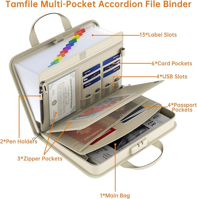 5200℉ Fireproof Accordion File Organizer with Lock, Thickened Document Organizer 13 Pocket with Zipper & Labels, Important Document Organizer, Expanding File Folder with Handle for Letter A4 (Beige)