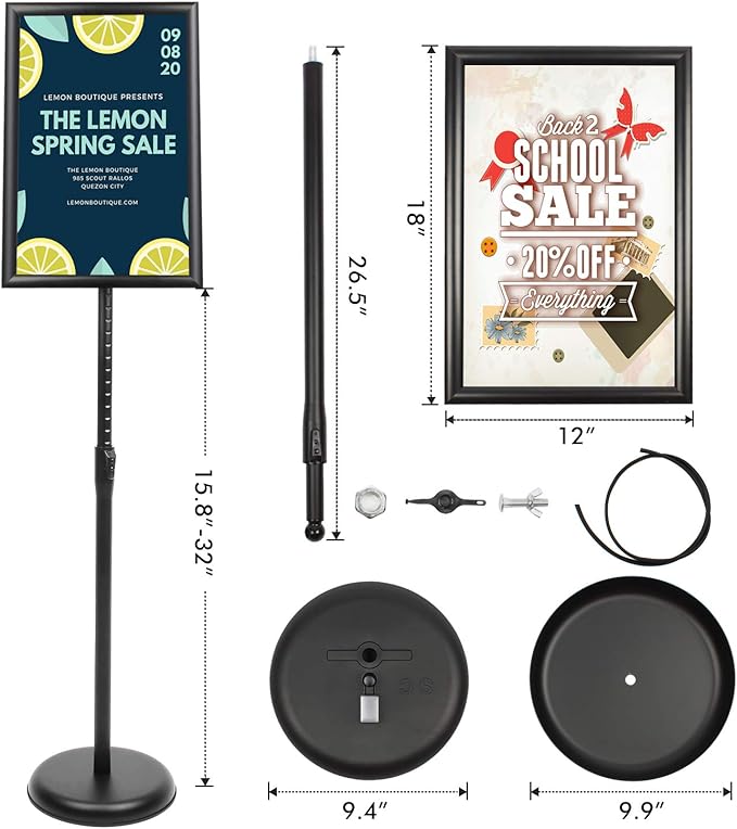 DISPLAYSWORKER Sign Stand, Sign Holder Floor Stand with Heavy Duty Pedestal ,Adjustable Pedestal Poster Stand Aluminum Snap Frame for 8.5 x 11 Inch, Black