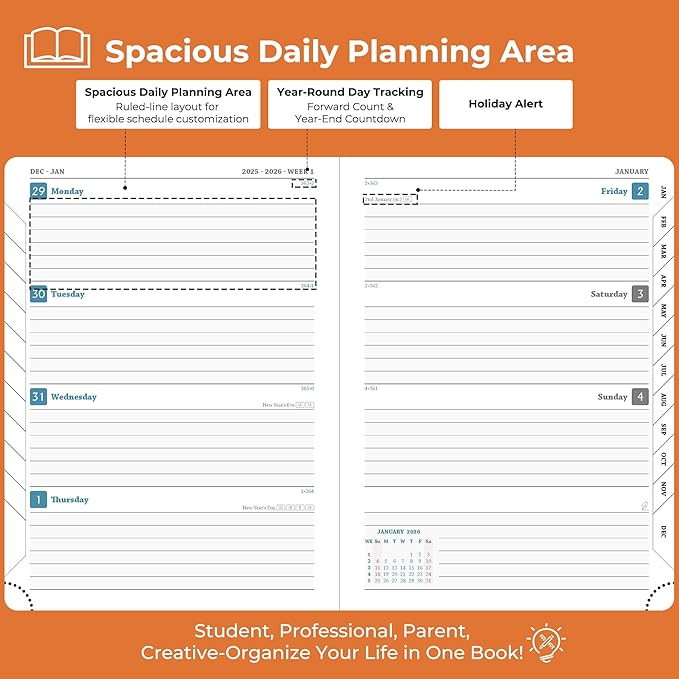 IN-LUXPRO Planner 2026 Daily Weekly and Monthly,8.5"x6.5",12 Months Spiral Bound Calendar Agenda with Self-adhesive Pen Holder,2026 Appointment Book with Vegan Leather Soft Cover,Orange