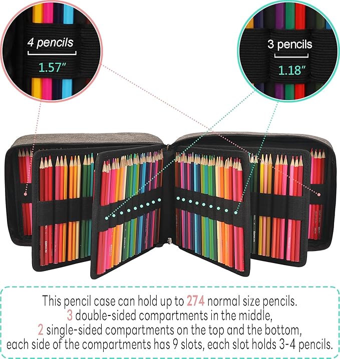 JAKAGO 274 Slots Colored Pencil Case Large Capacity Pen Holder for Artist Painter Zipper Organizer Bag for Marker Highlighter Storage Case for Office Sketch Travel Supplies(Gray)