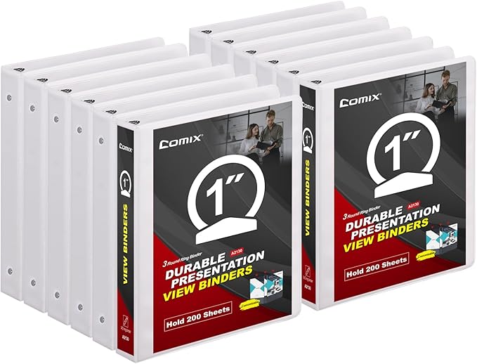 Comix Sturdy 3 Ring Binder 1 inch with Clear View Cover, 1" Round Ring View Binder, PVC-Free, 2.4mm-Thick, 200 Sheets Capacity of US Letter Size Paper, Office ＆ School Supplies, Pack of 12 (White)