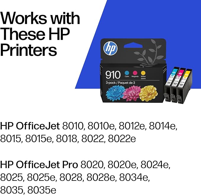 HP 910 Cyan, Magenta, Yellow Ink Cartridges (3-Pack) | Works with OfficeJet 8010, 8020 Series, OfficeJet Pro 8020, 8030 Series | Eligible for Instant Ink | 3YN97AN