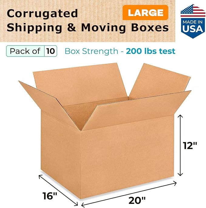 Large Shipping & Moving Boxes 20x16x12 inches (10-Pack) - Extra Strength 200 lb vs Regular - Corrugated Durable Packing Boxes for USPS - Shipping Box Large - Cardboard Box by IDL Packaging