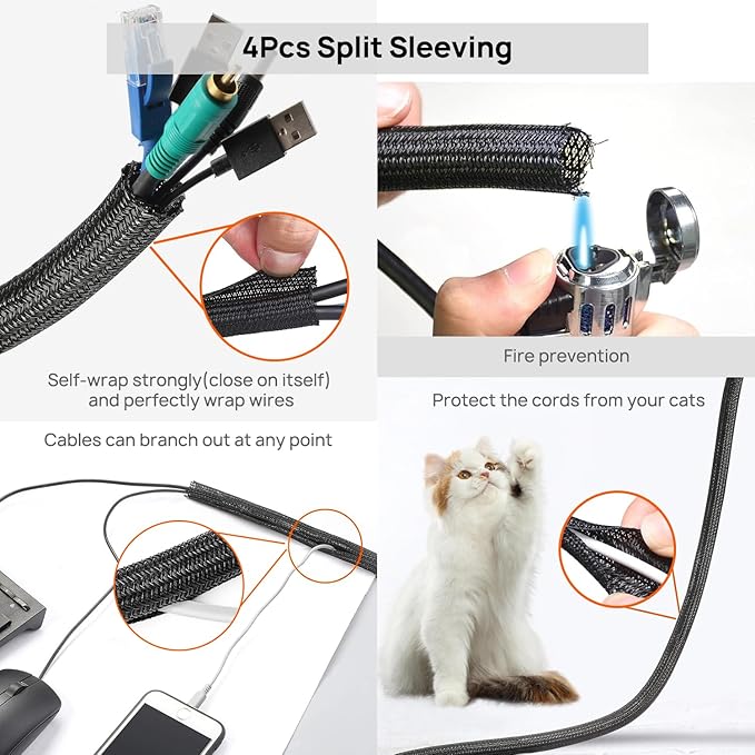 Ditar Cable Management Kit - 4 Cable Sleeve, 57 Self Adhesive Cable Clips, 12 Hanging Strips, 12 Cable Organizer Straps and 100 Fastening Cable Ties for TV Computer Under Desk (Black and White)