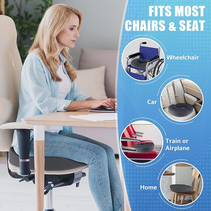 BlissTrends Donut Pillow Seat Cushion,Donut Chair Cushions for Postpartum Pregnancy & Hemorrhoids,Tailbone Pain Relief Cushion,Memory Foam Lifting Cushions for Office&Home Chairs (Grey)