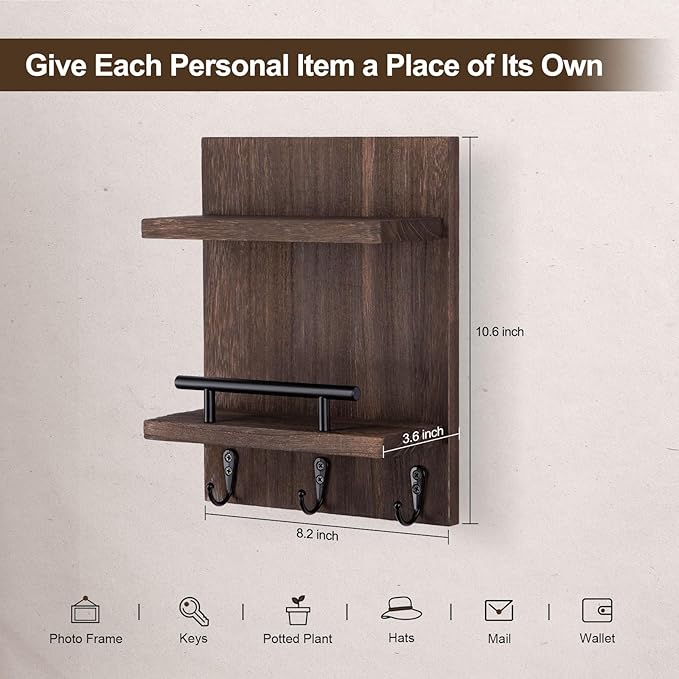 Lucundm Key Holder Wall Mount, Mail Shelf Decor with 3 Key Hooks, Versatile Wood Wall Organizer for Entryway Hallway (8.2” x 10.6”x 3.6”) (Brown)