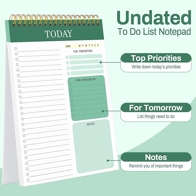 to Do List Notepad with 60 Tear Off Sheets, 6.7 x 9.8" to Do List Notebook for Work Perforated Daily Planner with Task Checklist for Home School Office Personal Organizers, Green