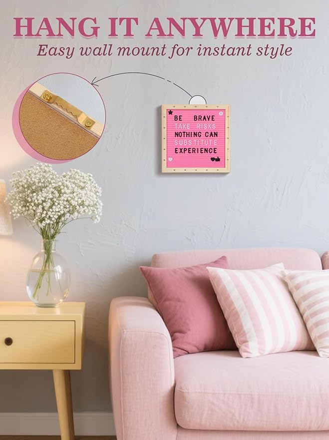 Changeable Felt Letter Board with LED Lights - 10×10" Message Custom Signs & Wood Stand & 450 Letters, Poster Board for Valentine's Day/Baby/Pregnancy Announcement/Classroom Wall Decor Gifts, Pink