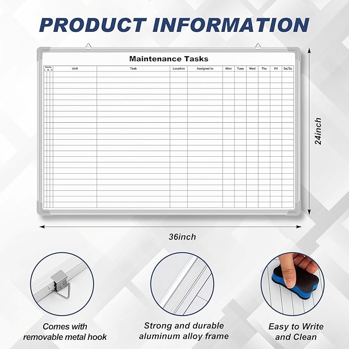 Lined Whiteboard Blank Grid Aluminum Frame Dry Erase Board Reusable Wall Mounted Board for Scheduling, to Do Lists Weekly Planning Home Work (36 x 24 Inch,Horizontal Maintenance Tasks)