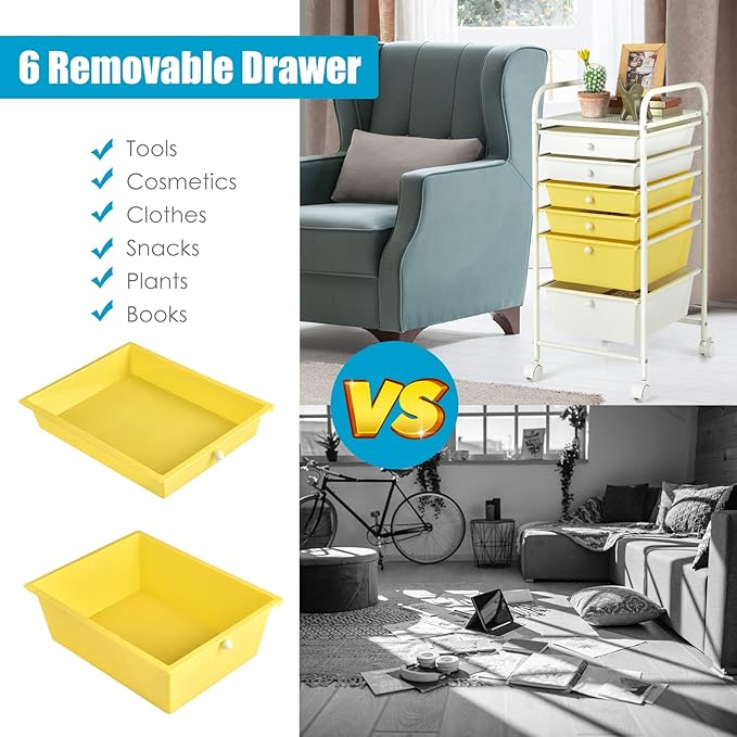 RELAX4LIFE 6-Drawer Rolling Storage Cart - Classroom Organization on Wheels w/Removable Plastic Drawers, Mobile Art Craft Cart for School Paper Home Office, Utility Cart with Drawers (Yellow)