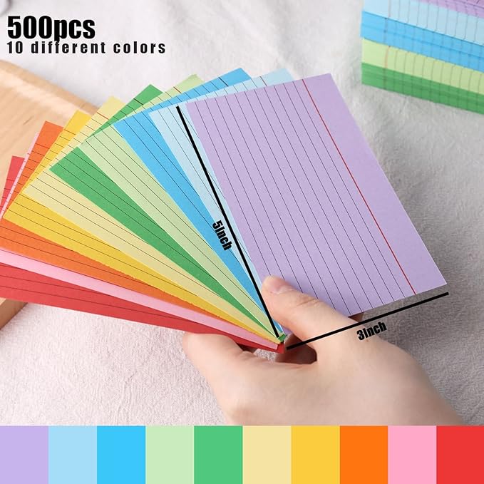 Koogel 500PCS Index Cards 3x5, Colored Lined Ruled Flash Cards for Back to School, Heavy Notecards for Studying School Home College Office Note Taking, To Do List Supplies, 10 Colors
