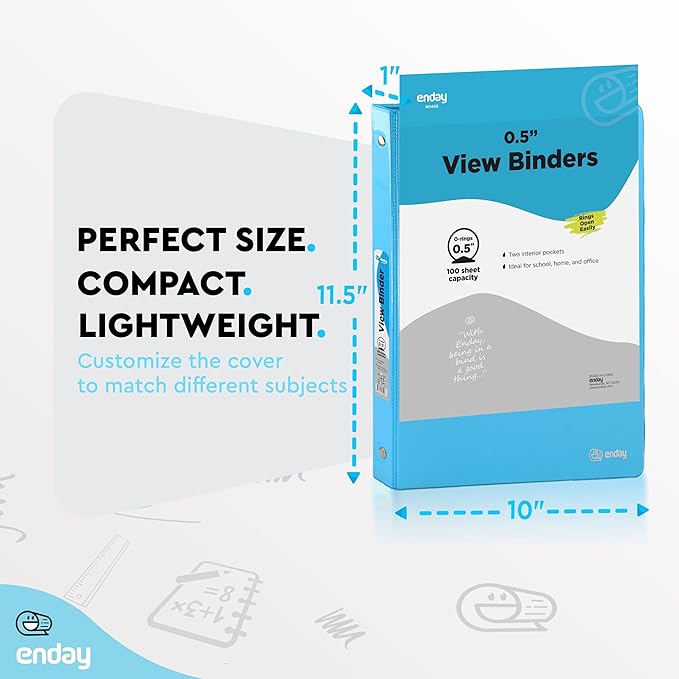½ Inch 3 Ring Binder .5 inch Clear View Cover with 2 Inside Pockets, Colored School Supplies Office and Home Binders - Assorted Colors May Vary (4 Pack) – by Enday