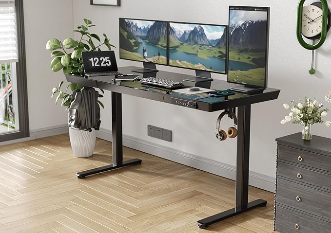 Claiks Glass Standing Desk with Drawers, 55 Inch Adjustable Stand Up Desk, Quick Install Home Office Computer Desk with USB Ports, Black