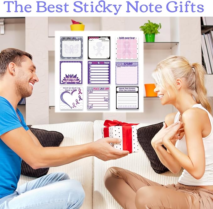 Lovarywow Domestic Violence Awareness Sticky Notes Gifts, 9 Pack Domestic Violence Prevention Month Notepads 3x3 Inch, Purple Ribbon Post Memo Pads Office School Supplies for Men Women (450 Sheets)