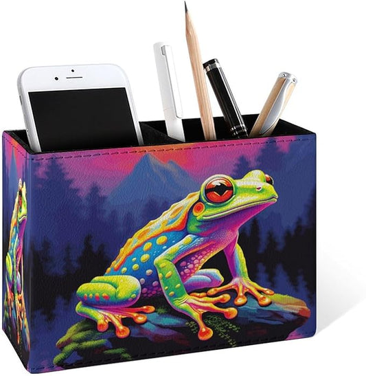 Famame Colorful Frog on Stone Pencil Holder for Desk, Leather Desktop Container Pen Cup Storage Study Table Pen Organizer Makeup Brush Holder for Classroom Office Home