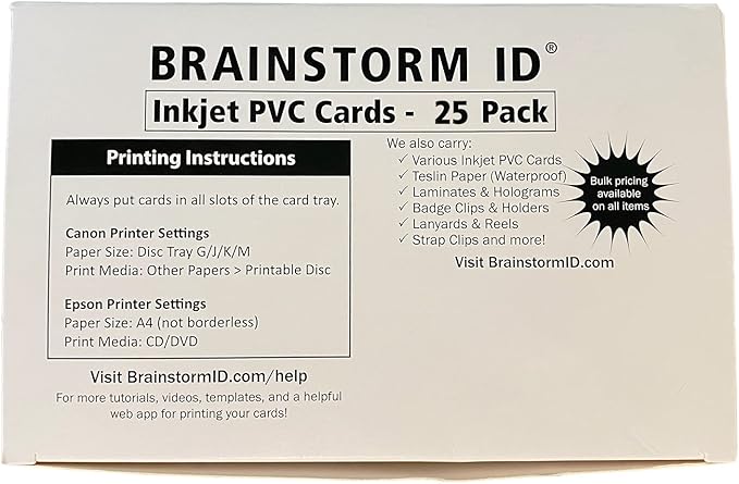 Brainstorm ID Inkjet PVC Cards (25 Pack) - 30 Mil - Inkjet Printable ID Cards - Enhanced Ink Receptive Coating - Waterproof & Double Sided Printing - Works with Epson & Canon Inkjet Printers