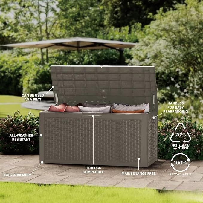 Decksplore 100 Gallon Lockable Resin Deck Box, Waterproof Outdoor Storage Box for Patio Furniture, Garden Tools, Pool Accessories, UV-Resistant Outside Delivery Grey