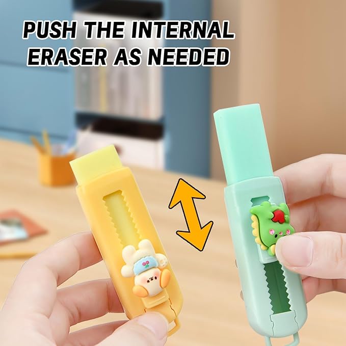 BetterJonny Sliding Retractable Eraser, 4 Color Push Pull Erasers and 8 Refills, Animal Erasers for Pencils Drawing(A)