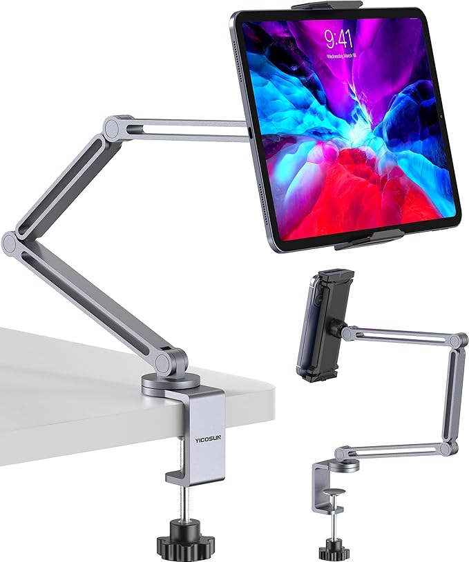YICOSUN Tablet Arm Mount with Super Grip, Adjustable Foldable Holder & Heavy Duty Aluminum 360° Rotating Clamp for iPad, Phone, Monitor, Kindle - Universal for Desk, Bed, Kitchen - Gray