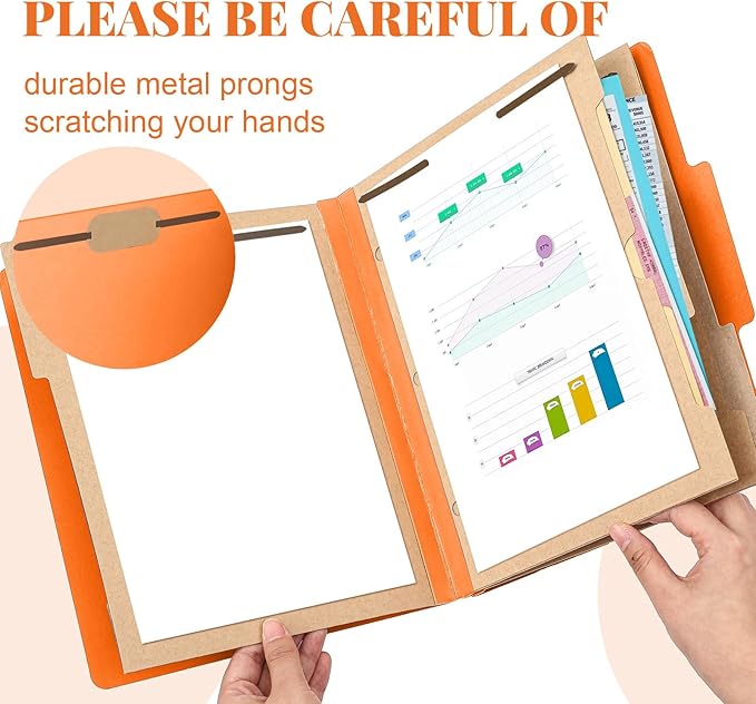 12 Pcs Classification Folders Letter Size 3 Pocket Dividers Employee File Folder with 2 Prongs Fasteners, 2 in Expansion Heavy Duty Pressboard File Holder for School Office Medical Document(Orange)