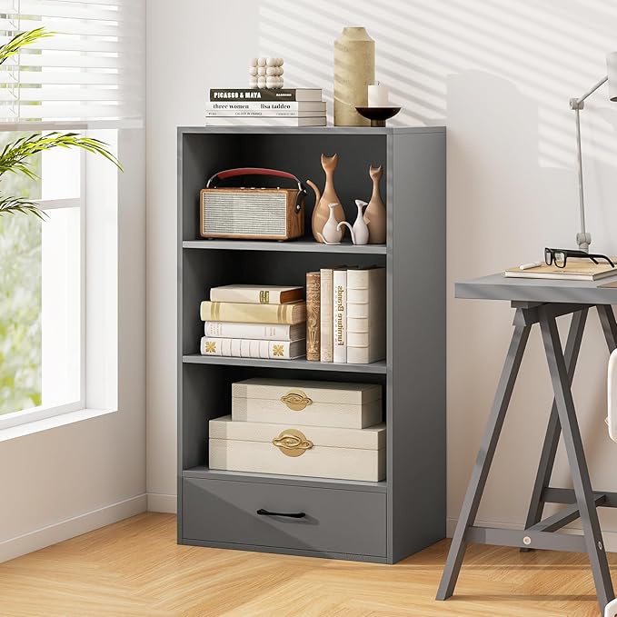LOKO 4-Tier Bookcase with Storage Drawer, Modern Organizer Display Storage Shelves with Anti-toppling Device, Freestanding Bookshelf with 3 Open Shelves & 1 Drawer, Living Room, Study, Office (Grey)